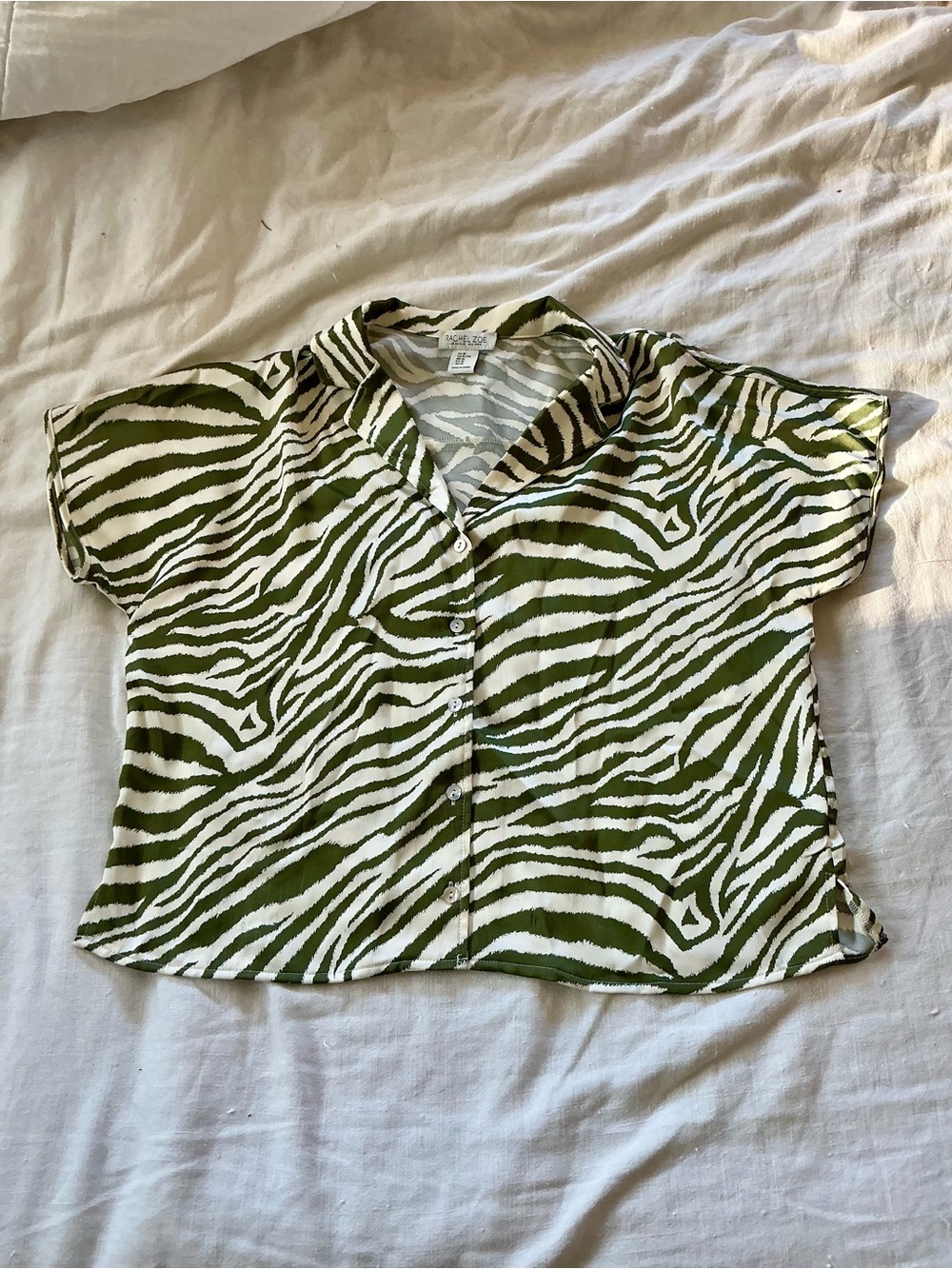 Rachel Zoe Olive Green and White Zebra Print Short Sleeve Blouse